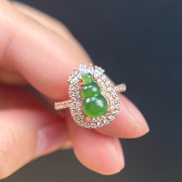 和田玉碧玉葫芦镶嵌s925戒指