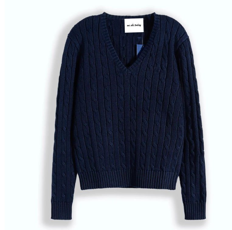 R 美式经典 Cotton V-Neck Sweater女款全棉V领扭花毛衣