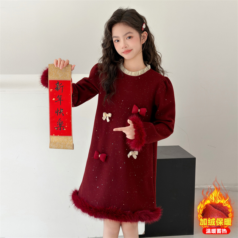 女童冬季加厚加绒连衣裙2025新款儿童中长款裙子洋气公主裙拜年服