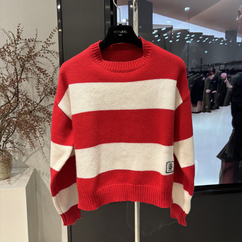 休闲宽松潮流条纹秋冬拼色针织衫105