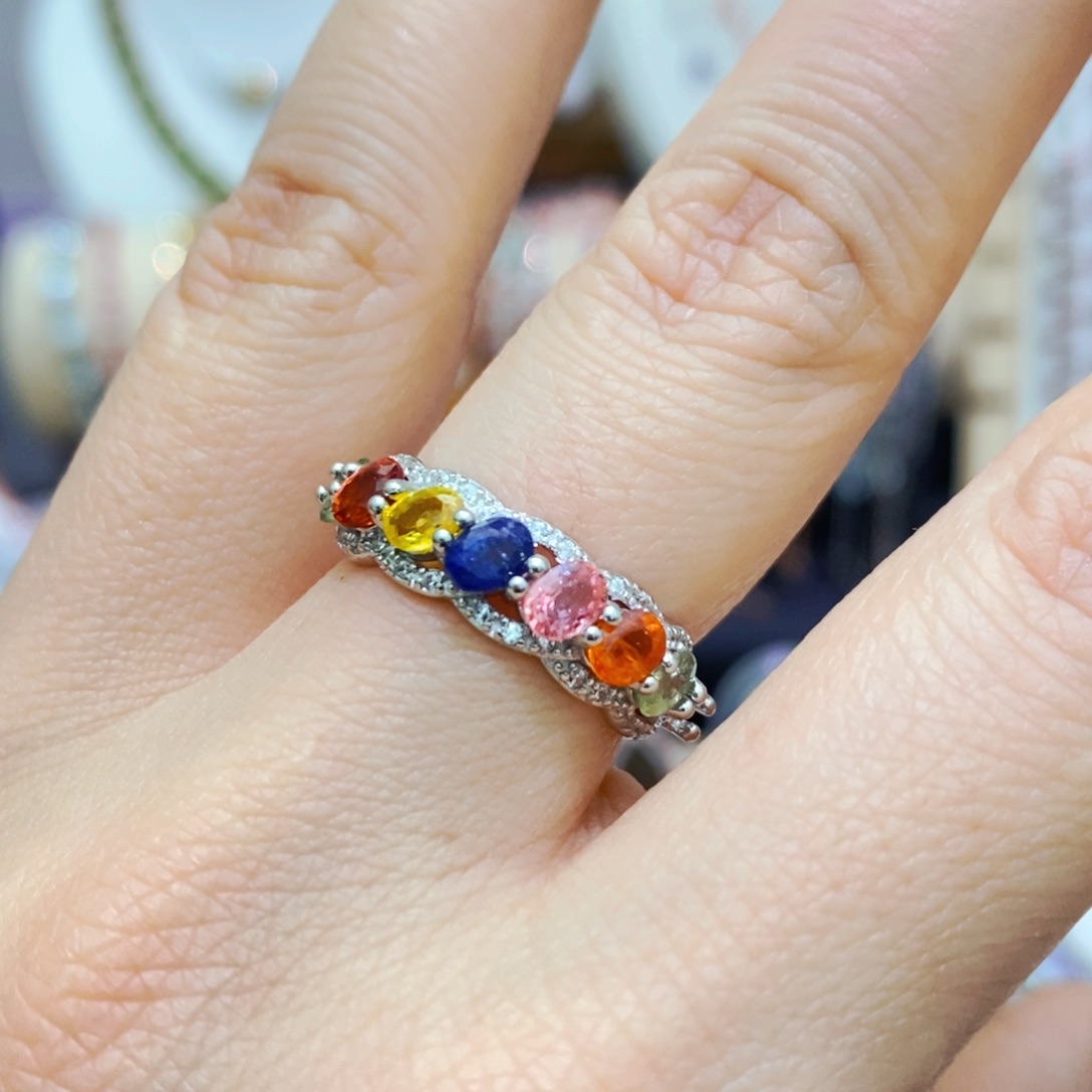 彩色蓝宝石戒指银S925镶嵌