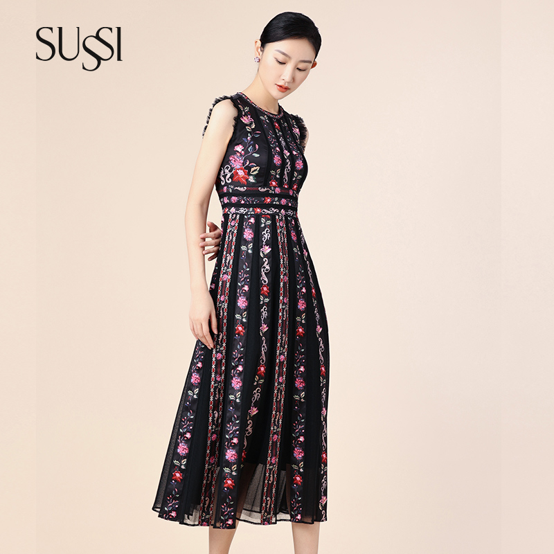 SUSSI25春夏场合商场同款黑色复古网纱印花无袖中长款连衣裙女