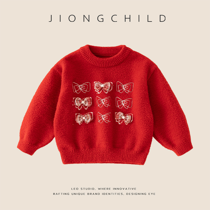 【专柜同款】秋冬新品儿童红色厚款针织套头毛衣中小童女童DGA57906