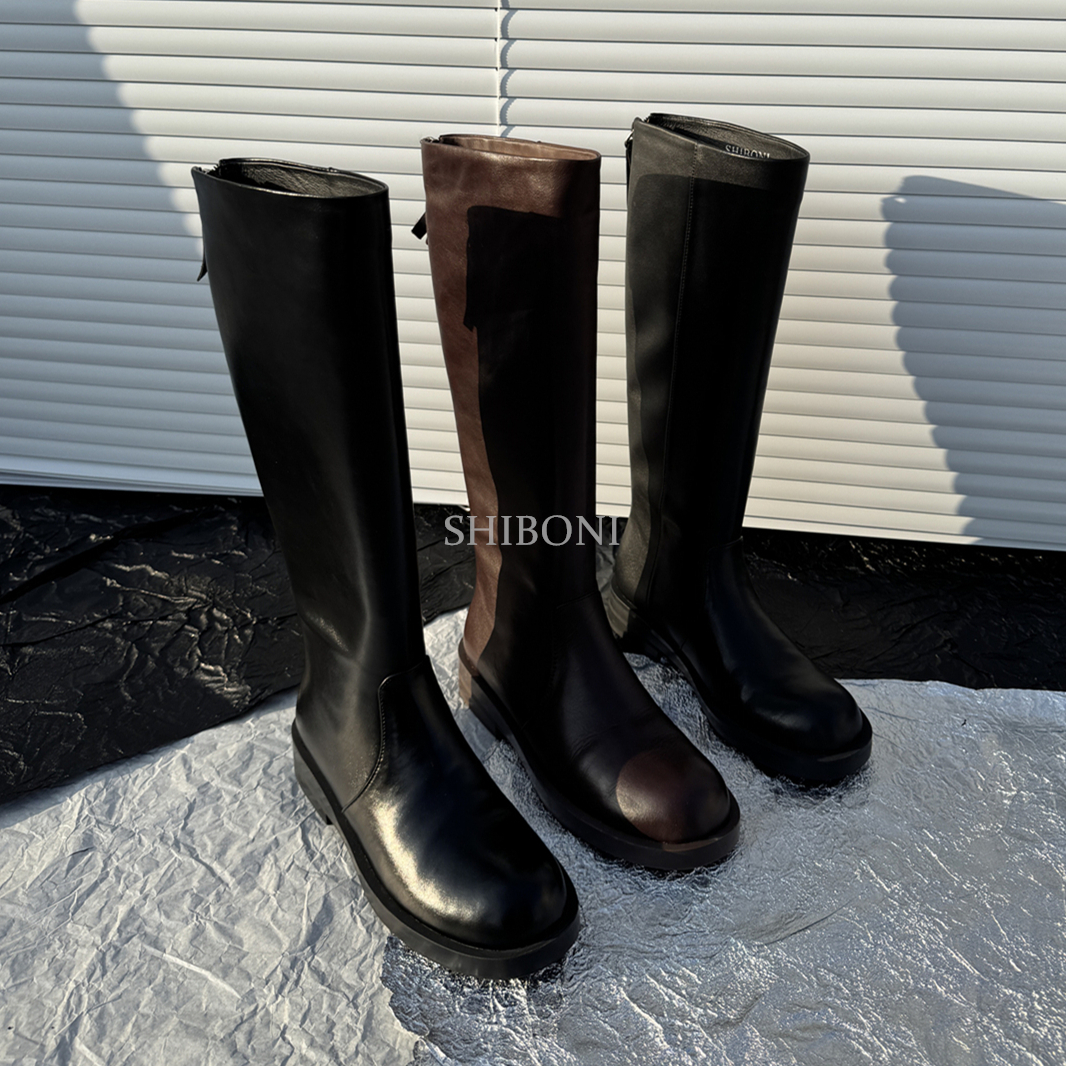 女壹号·【3cm】34-41头层牛皮/猪皮/猪皮新款平底通勤后拉链长靴女