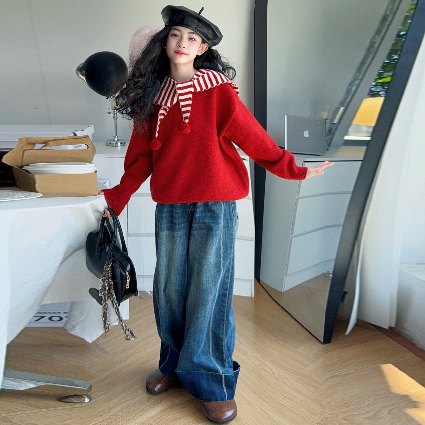 【嘻嘻柚】女童2025秋季红色披肩海军领针织衫毛衣弹力牛仔阔腿套装