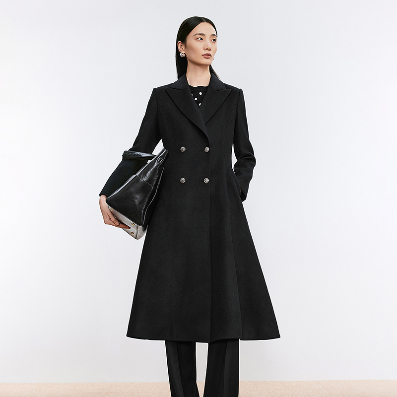 朗姿/LANCY 冬新款100%羊毛黑色西装式毛呢外套女收腰显瘦大衣LSE