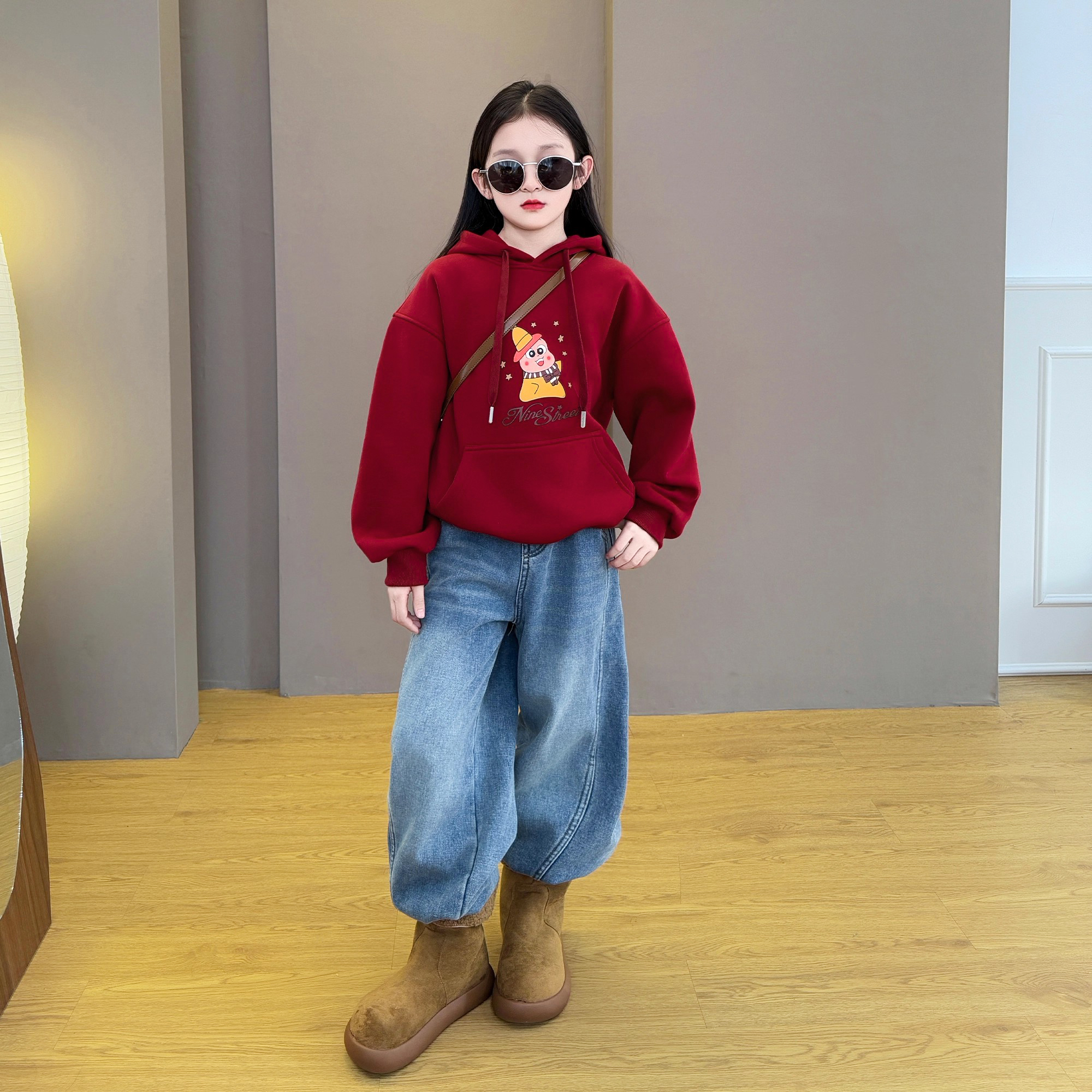 女童2025新品加绒时尚韩版洋气连帽卫衣百搭牛仔加绒弯刀裤套装潮