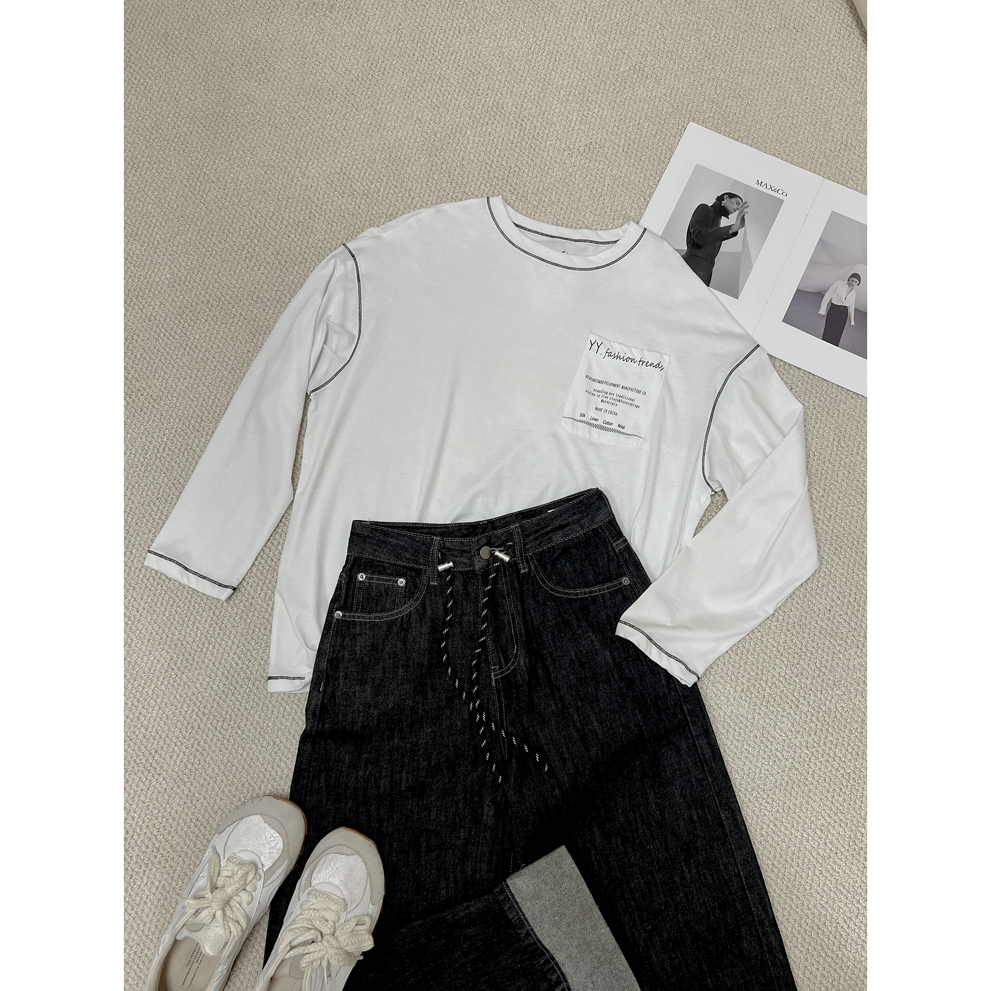 黑边白色长袖T恤 T1059