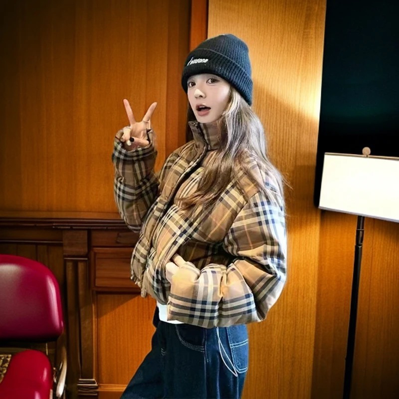短款加厚羽绒服女2025新款小个子面包格子韩版外