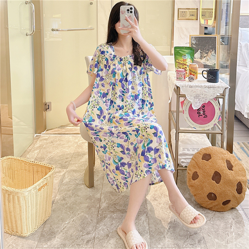 棉绸睡裙女夏季新款短袖印花睡衣春秋季薄款宽松甜美大码家居服