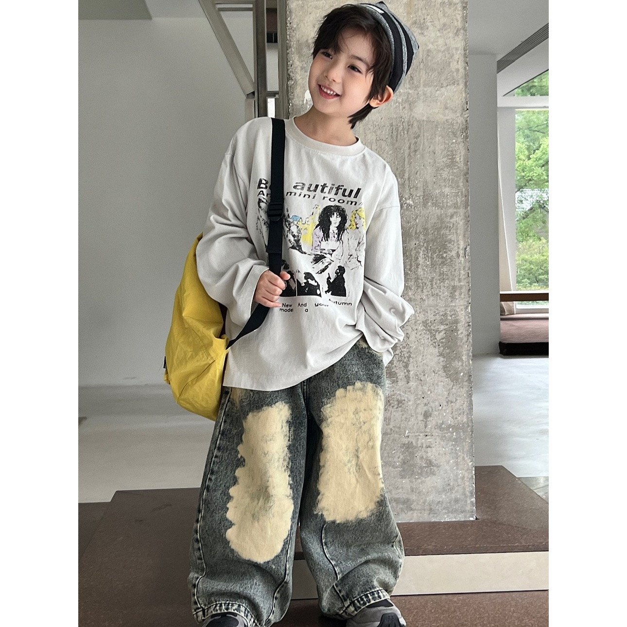 in 爱:sn25秋季儿童复古印花高街T恤男女童韩系小众长袖上衣8367