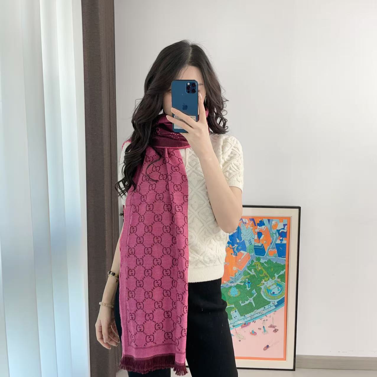 95新 GUCCI/古驰 老花羊毛围巾50*100/251111ZYL2L01