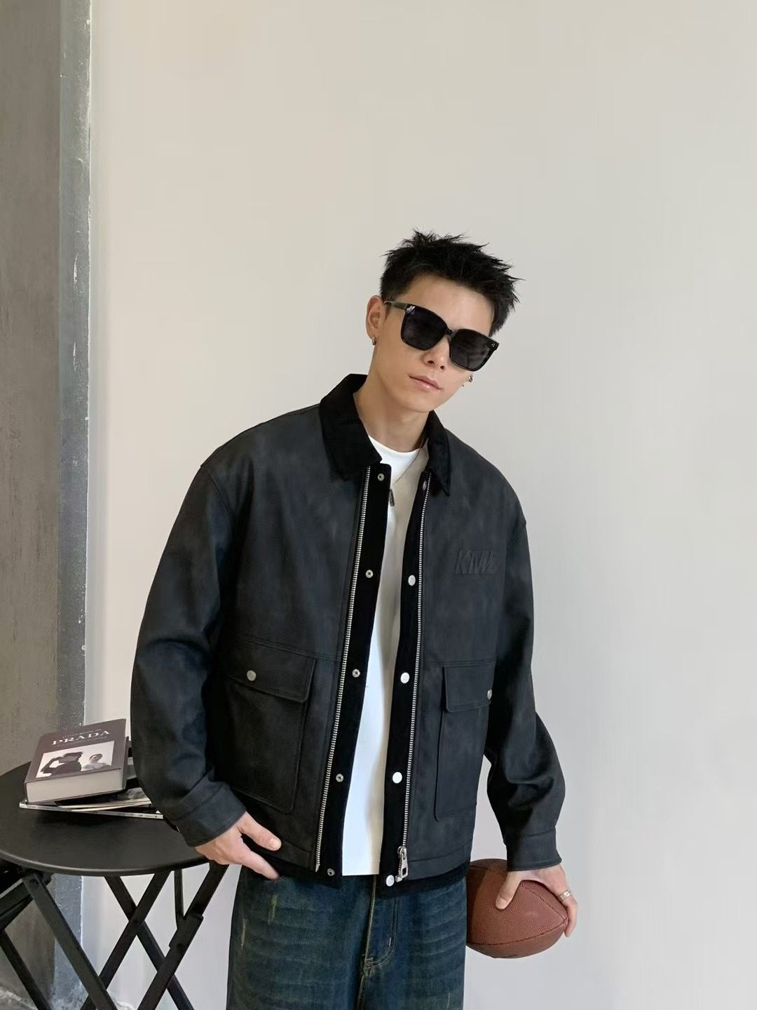冬季加绒设计款拼接脏脏灰皮衣