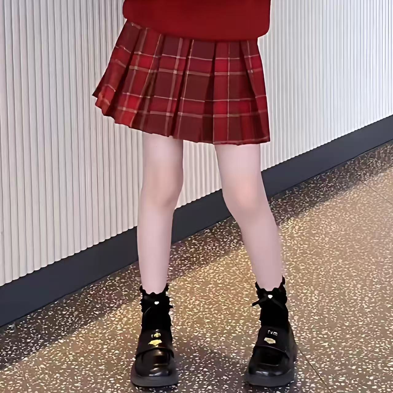 儿童百褶裙新款秋冬红色洋气春节女童装毛呢半身裙裤格子短裙高腰