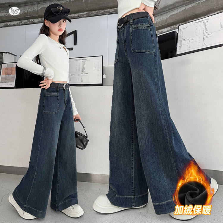 女童加绒牛仔裤2025秋冬新款中大童加厚阔腿裤显瘦直筒裤长裤冬装