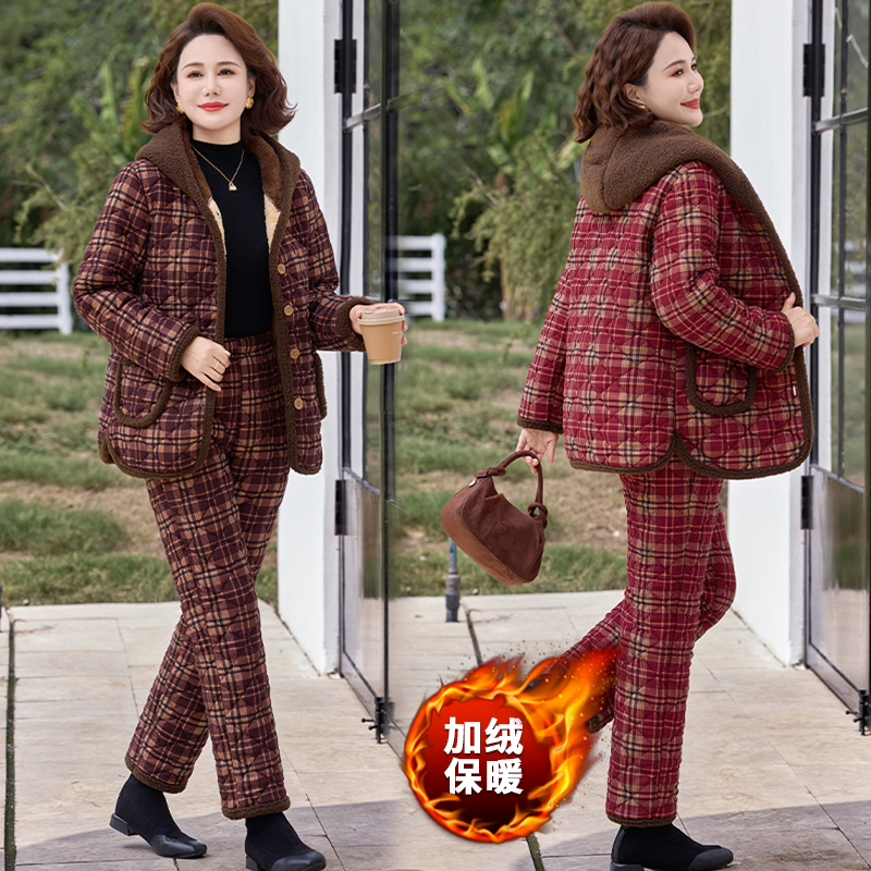 套装2025外穿中老年棉服连帽常规款中老年女装格子冬装民族风