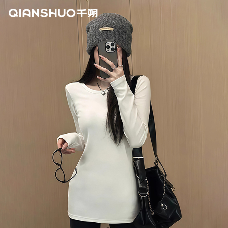 千朔正肩长袖打底T恤女秋冬显瘦圆领内搭修身收腰长款上衣加厚
