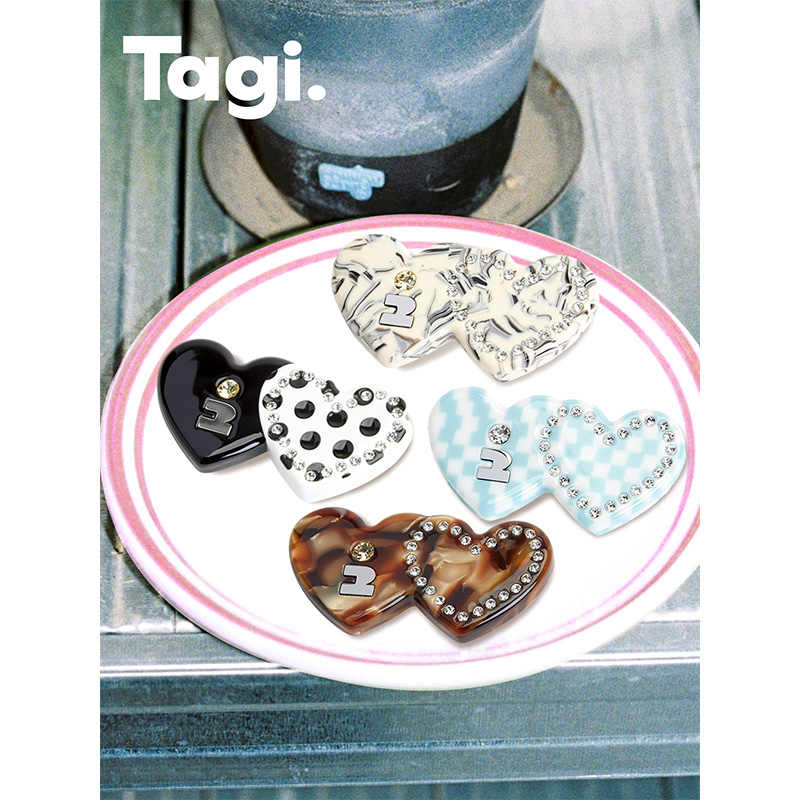 Tagi.怦怦爱心多色拼接可爱头饰边夹亚克力刘海发夹发卡发饰简约