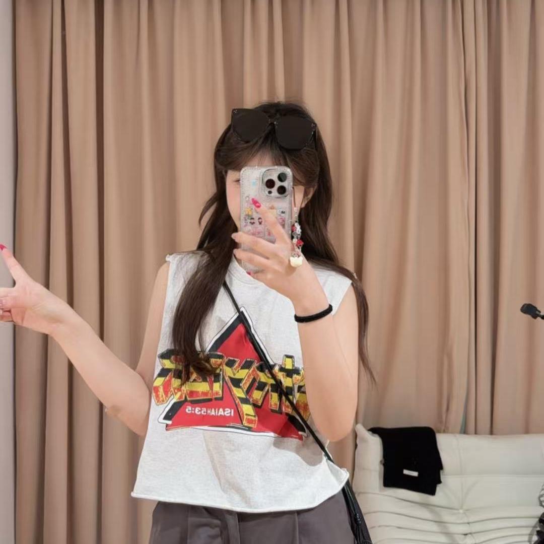 13436余小鱼【三角背心】米色做旧字母卷边时尚夏季百搭T恤女装