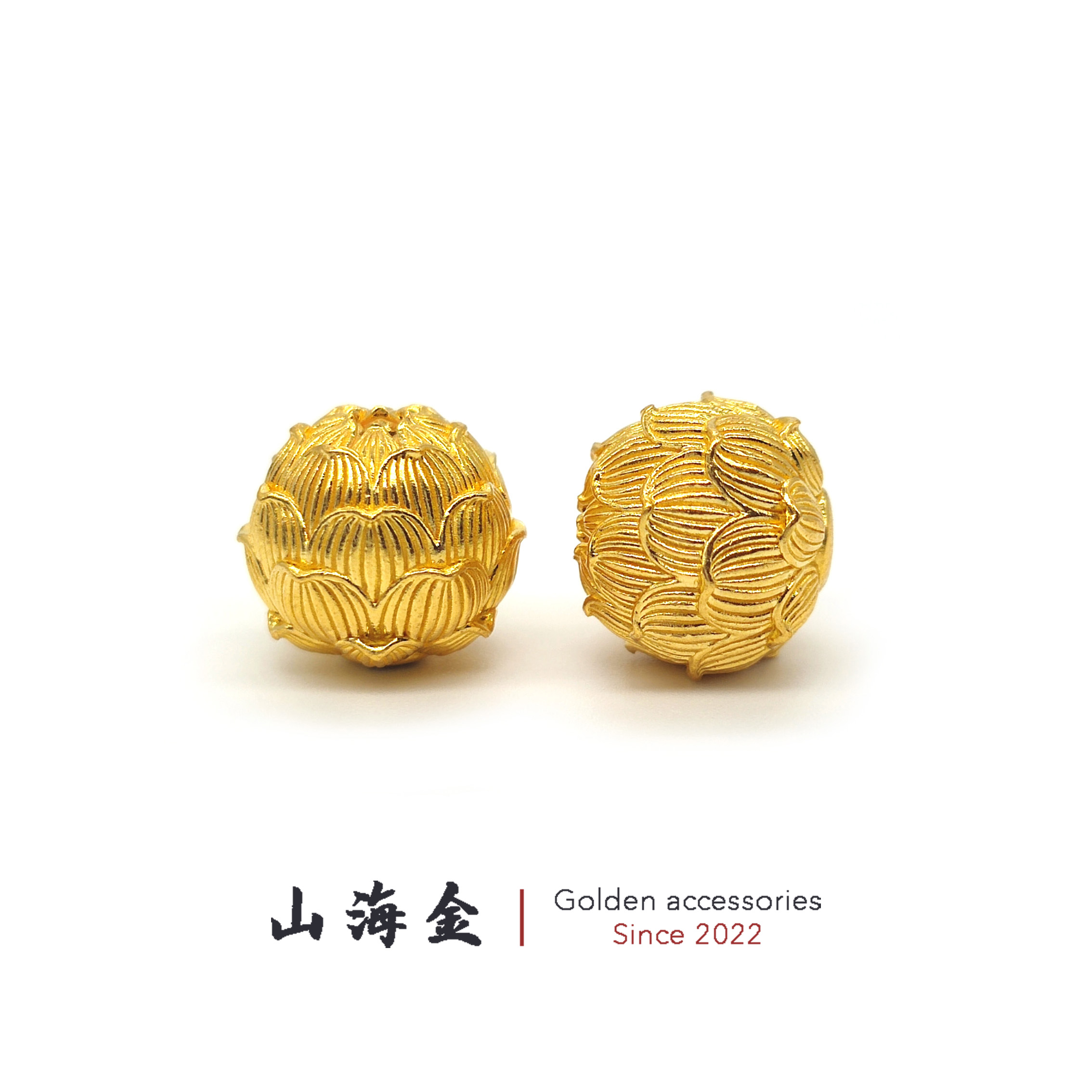 山海金 24K黄金999足金古法荷花圆珠錾刻隔珠文玩手串菩提DIY配饰