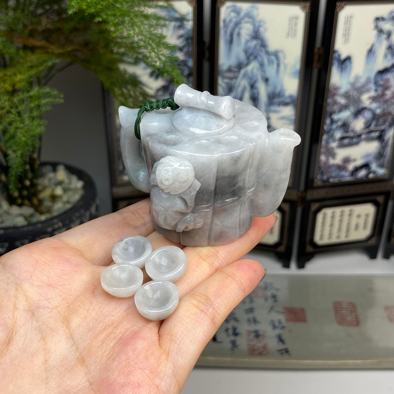乌鸡节节高升竹节茶壶摆件 天然翡翠A货