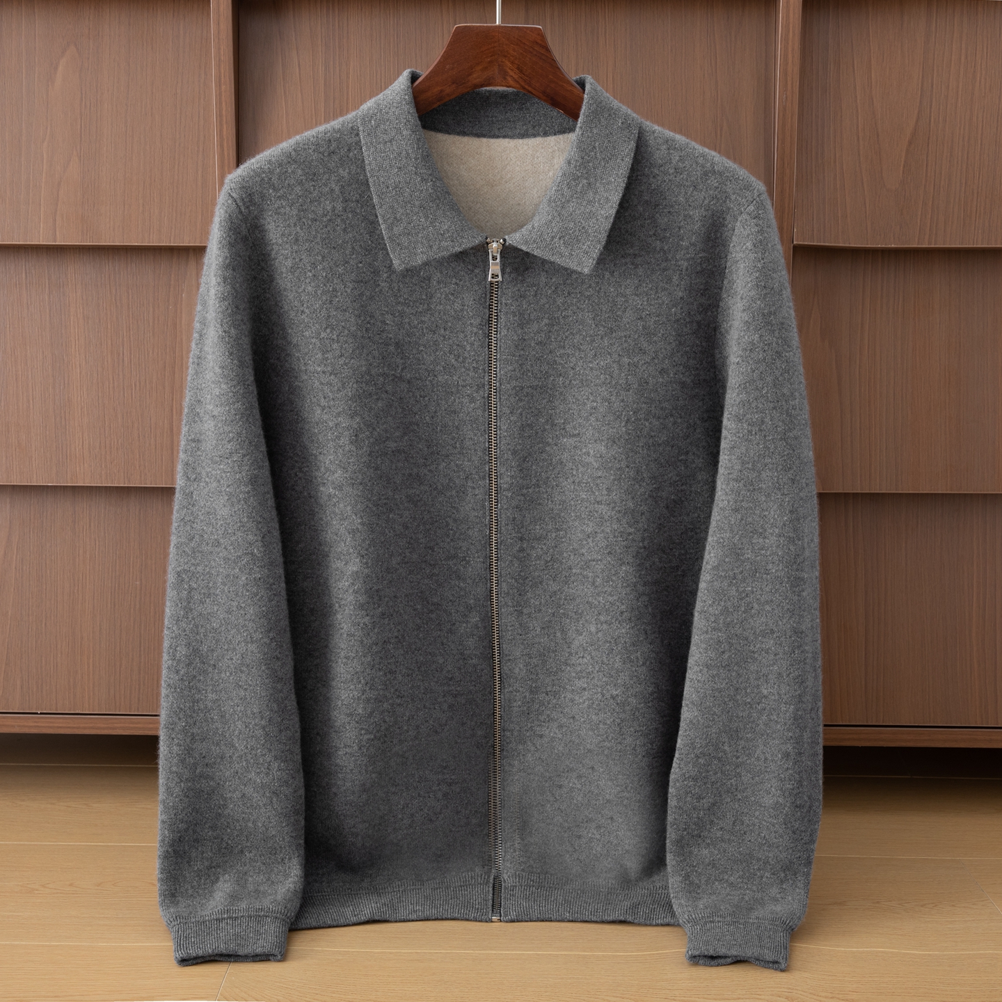 100%纯山羊绒拉链开衫男士翻领加厚商务夹克空气层外套毛衣秋冬款