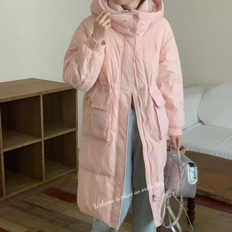 冬季长款加厚保暖韩版收腰显瘦连帽白鸭绒羽绒服女过膝