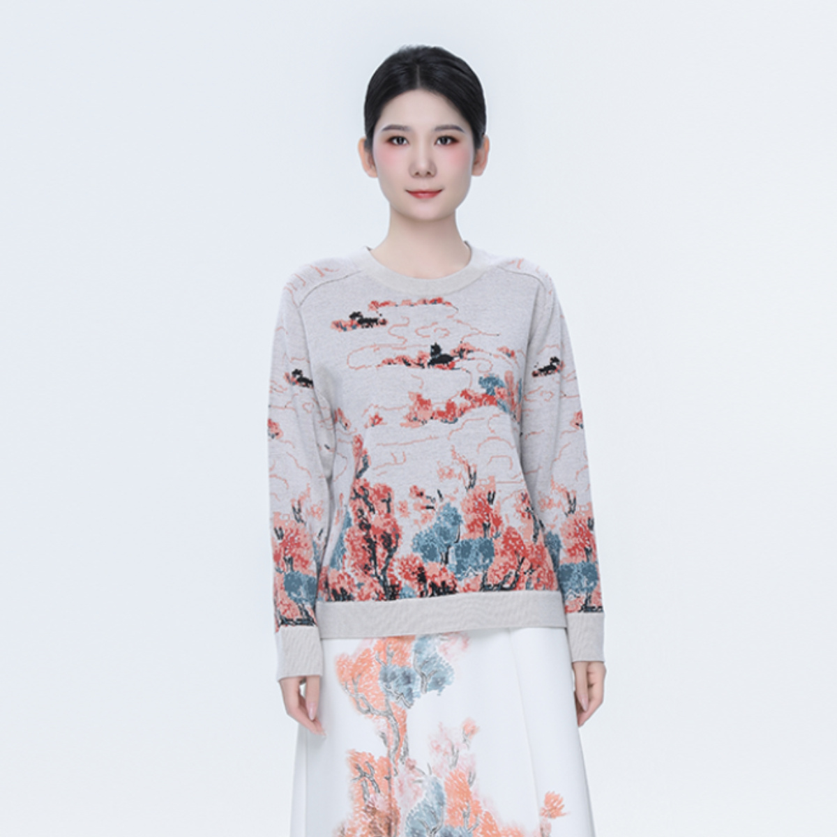 冬季宽松女士圆领织花时尚套头枫林染毛衫复古上衣百搭-16D2383