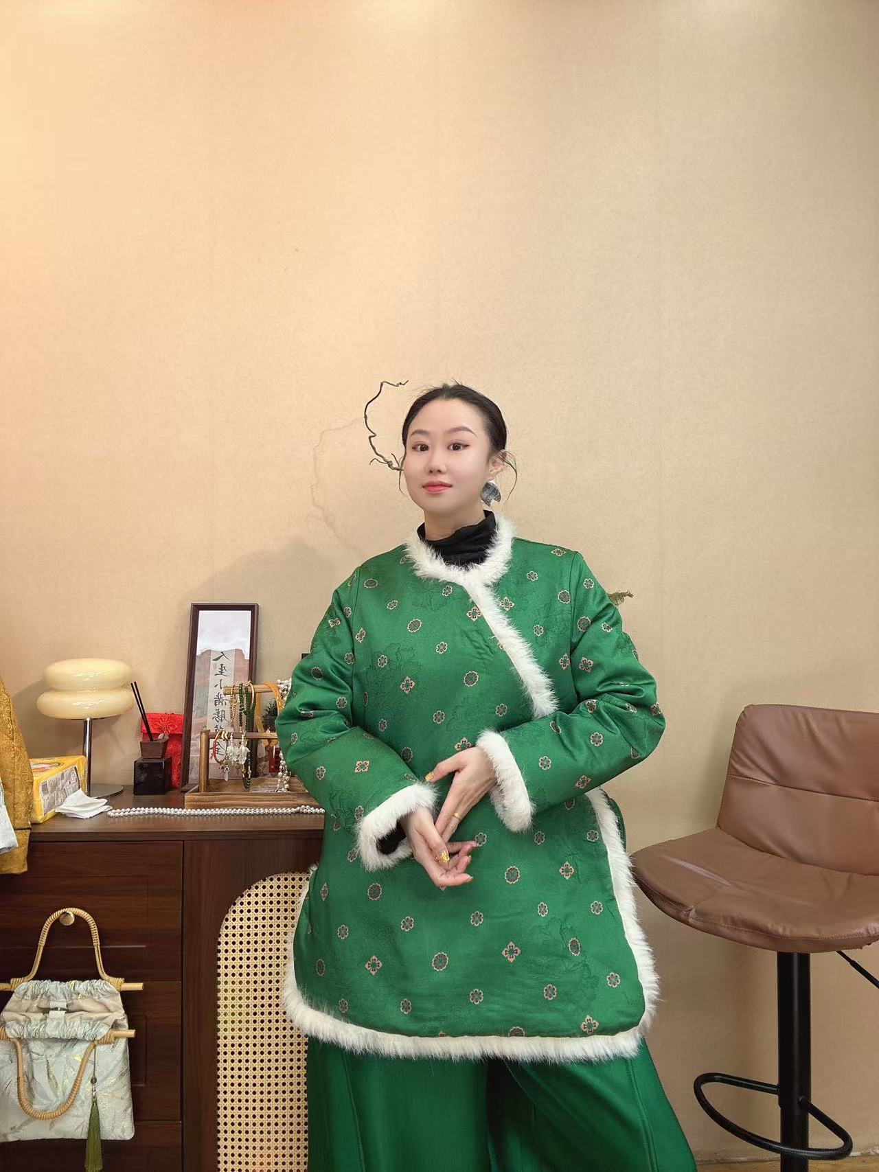 【澜公子6023】绿*新中式中长款夹棉夹厚国风宽松棉服