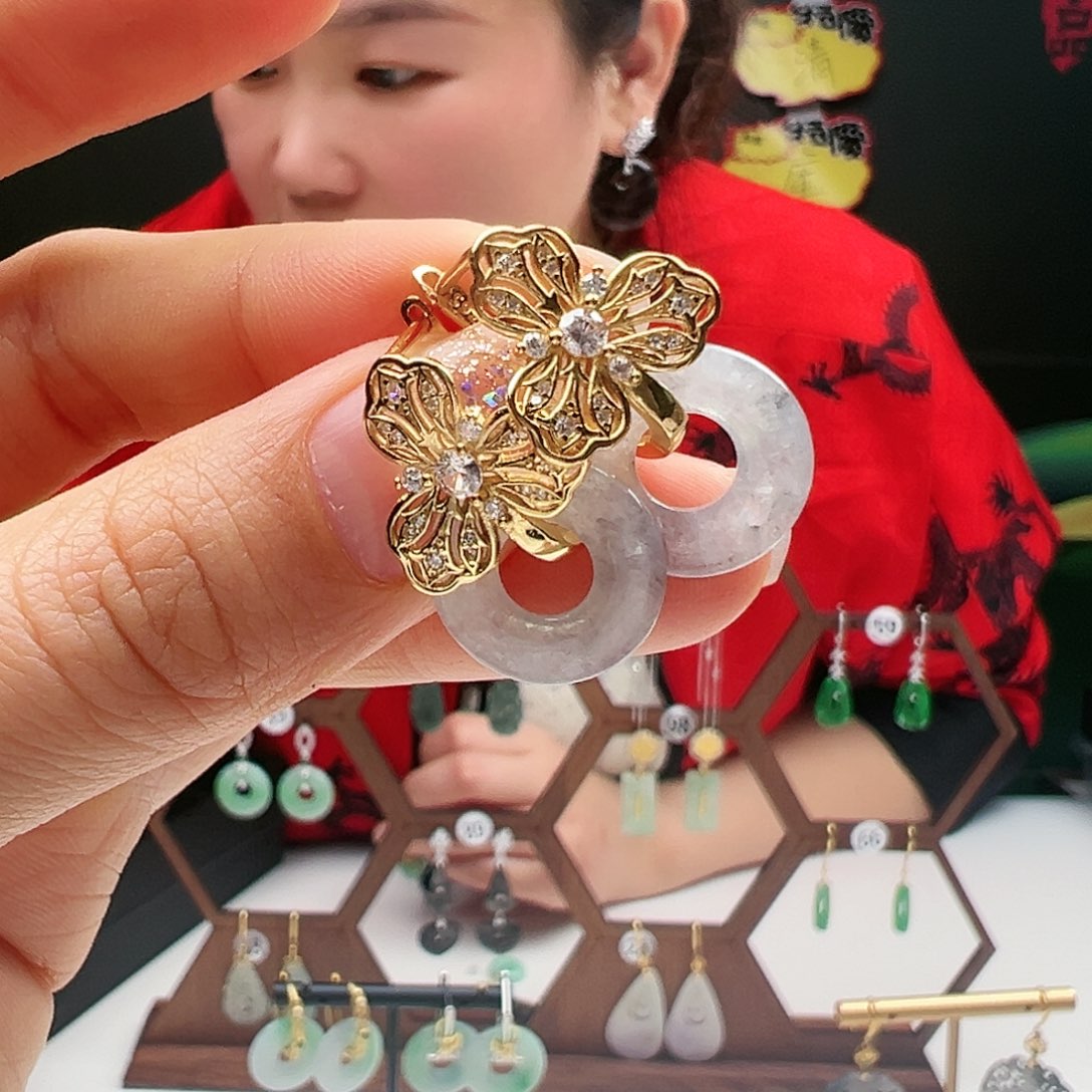 翡翠耳饰银S925镶嵌天然翡翠耳饰银s925镶嵌