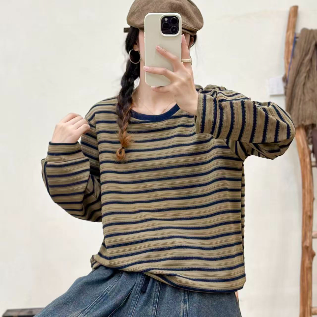 15707新款春秋圆领气质百搭休闲时尚条纹卫衣