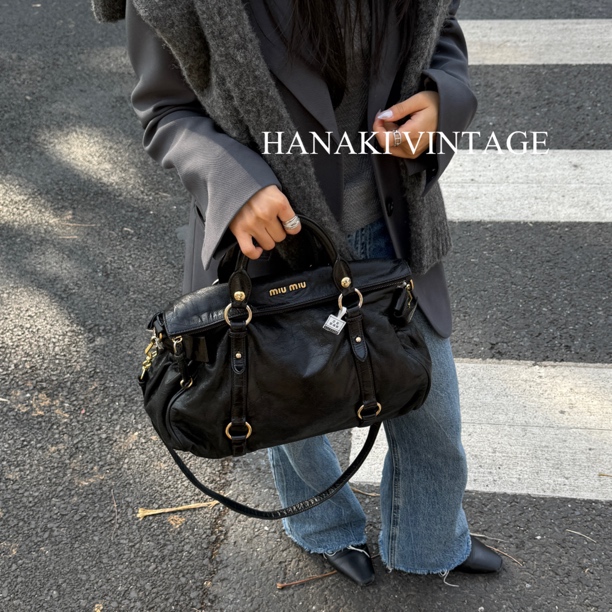 95新 MIU MIU/缪缪 花绮中古/缪缪黑金大号蝴蝶结机车包