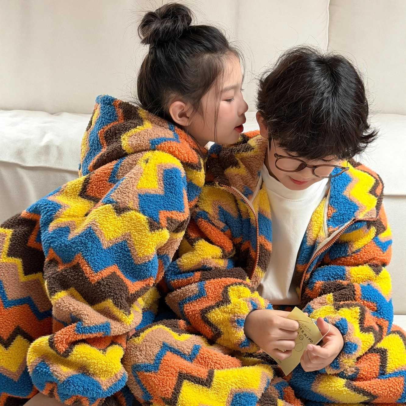 冬季新款韩版保暖中大童彩条睡衣两件套男童女童可爱家居服套装