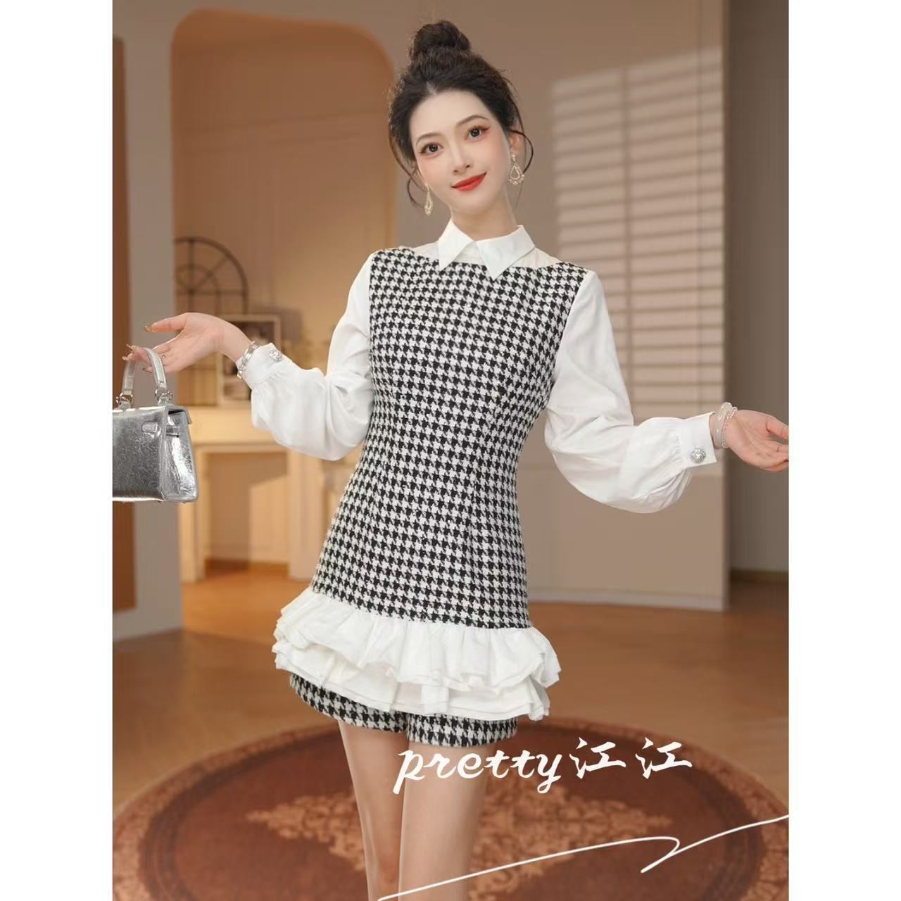 Pretty小众设计师品牌江江定制 气质小香风复古千鸟格连衣裙65515