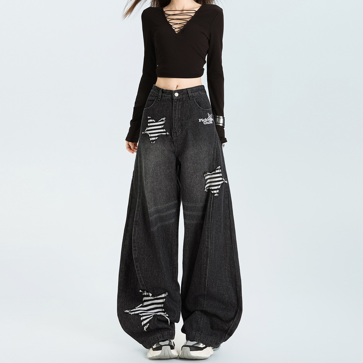 美式复古可拆卸星星弯刀牛仔裤男女夏季设计感宽松垂感阔腿长裤