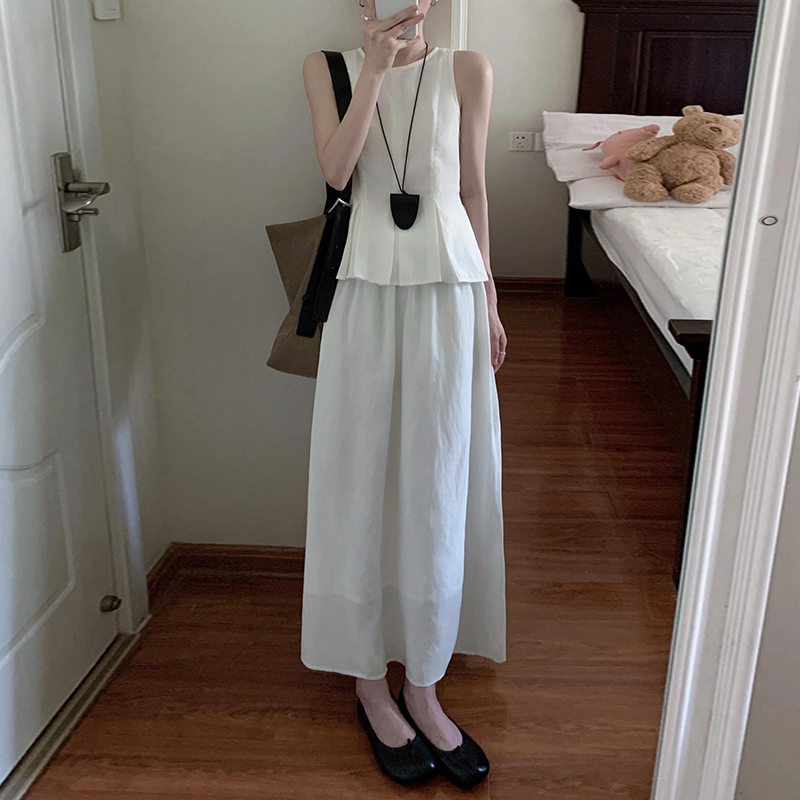 新款法式初恋风白色无袖背心连衣裙子女夏季气质收腰套装长裙3523