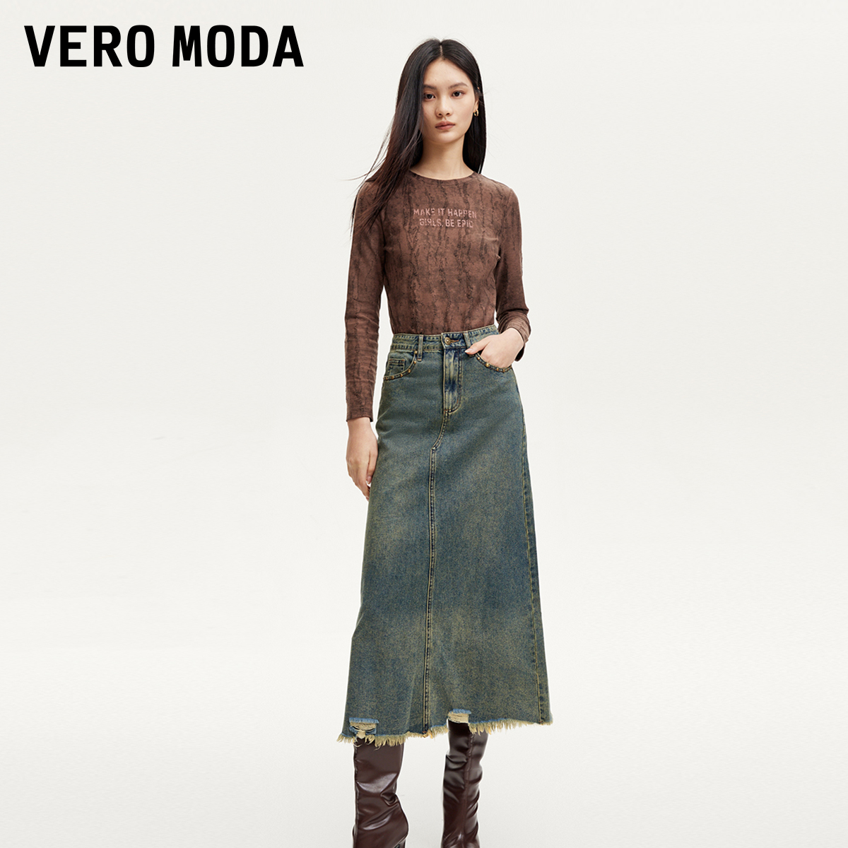 Vero Moda半身裙女2025新款A版铆钉毛边复古通勤流光风324337029