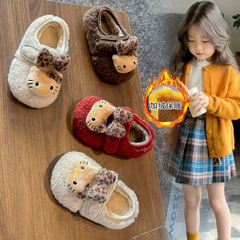 韩版女童加绒保暖毛毛鞋秋冬季防滑博肯软底棉鞋kt猫加厚公主