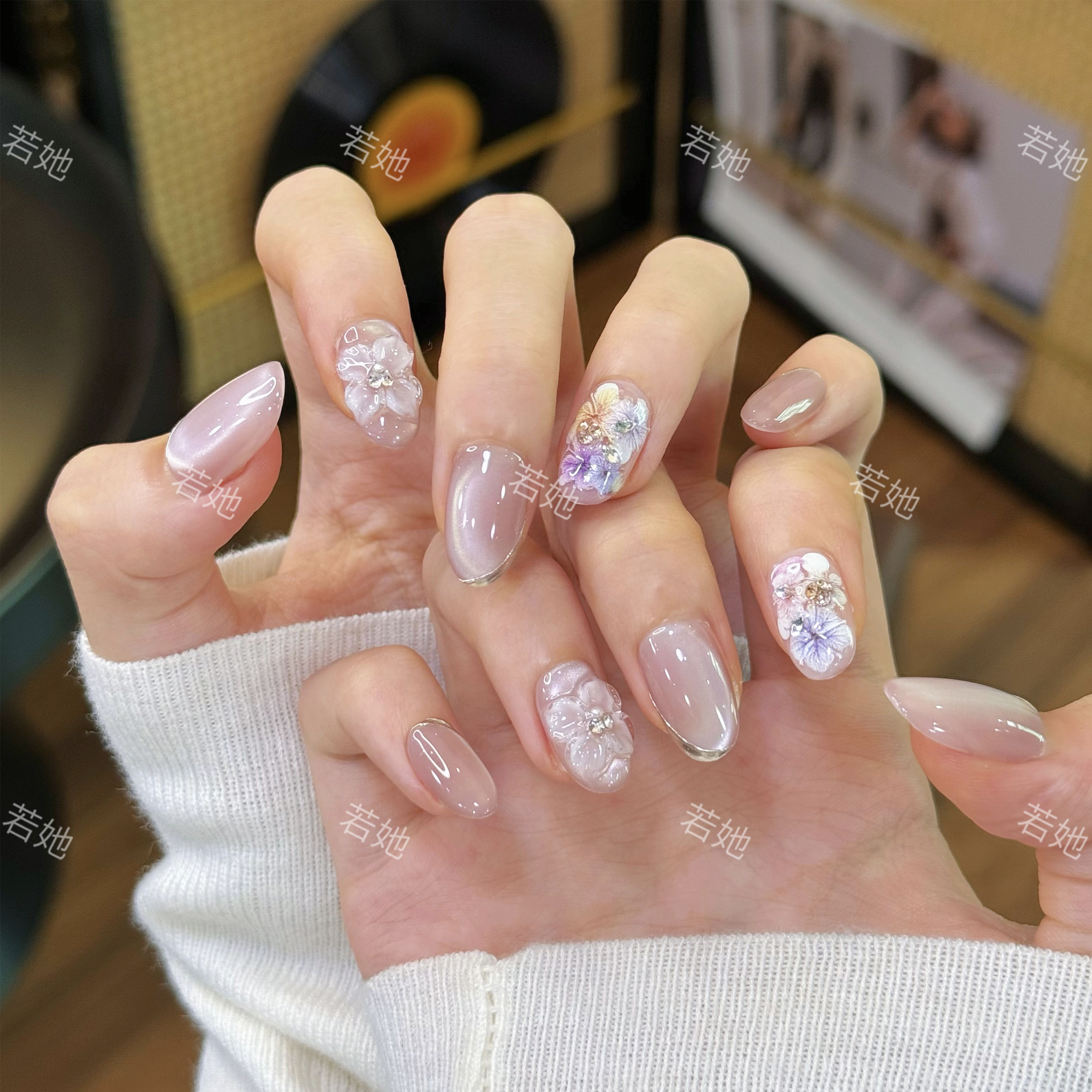 若她【粉雾花笺】纯手工穿戴甲美甲片高颜值短款中长款推荐RT1013