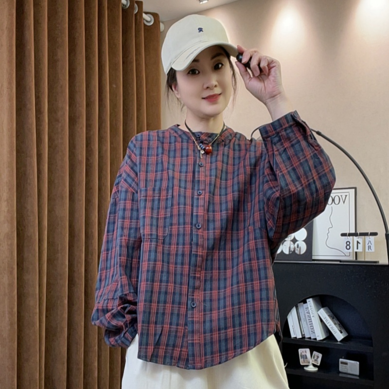 5803#单排多扣圆领休闲格子秋季韩版衬衫常规版女装春季
