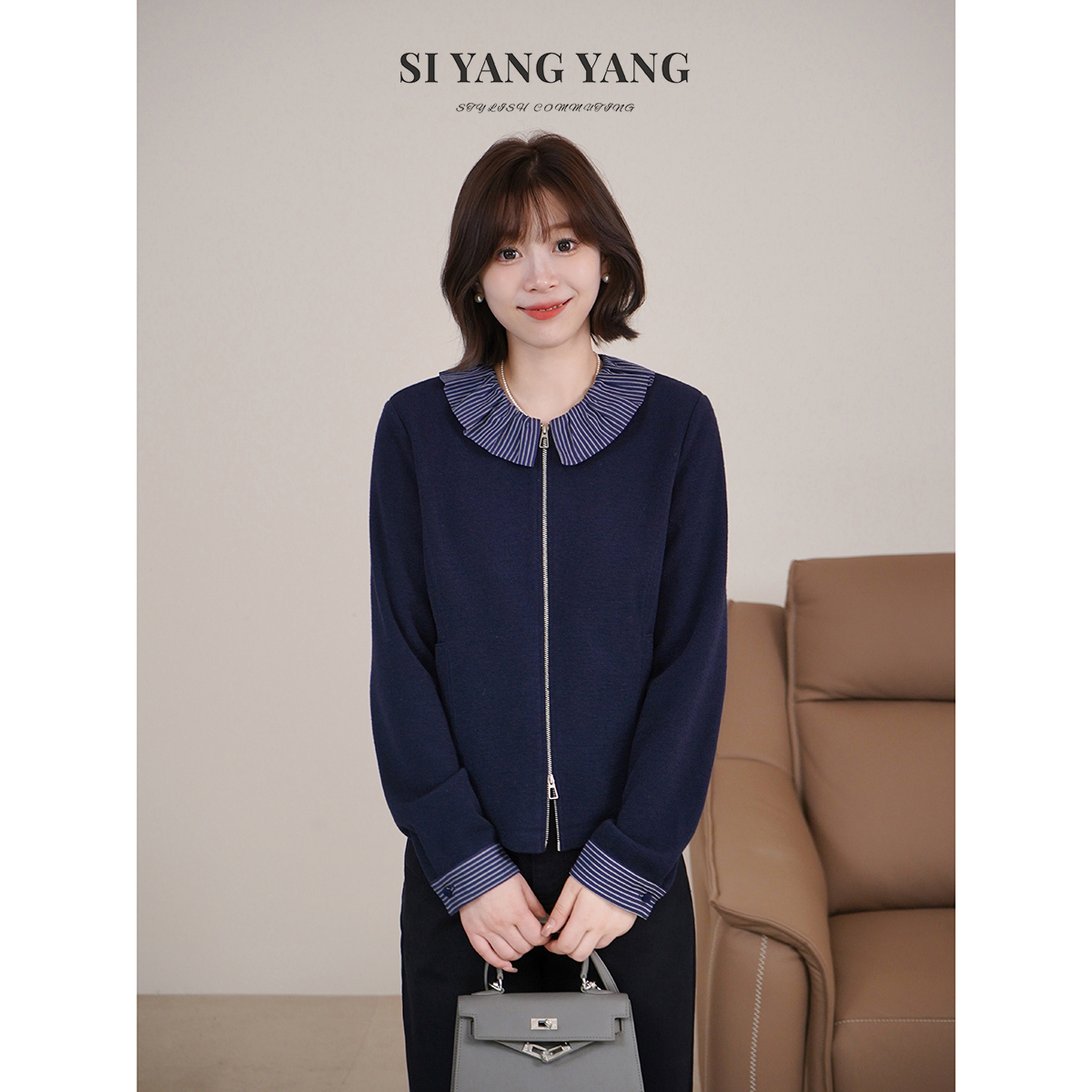 斯洋洋SIYANG混纺针织拉夫领设计通勤减龄百搭上衣SY509A078SYY