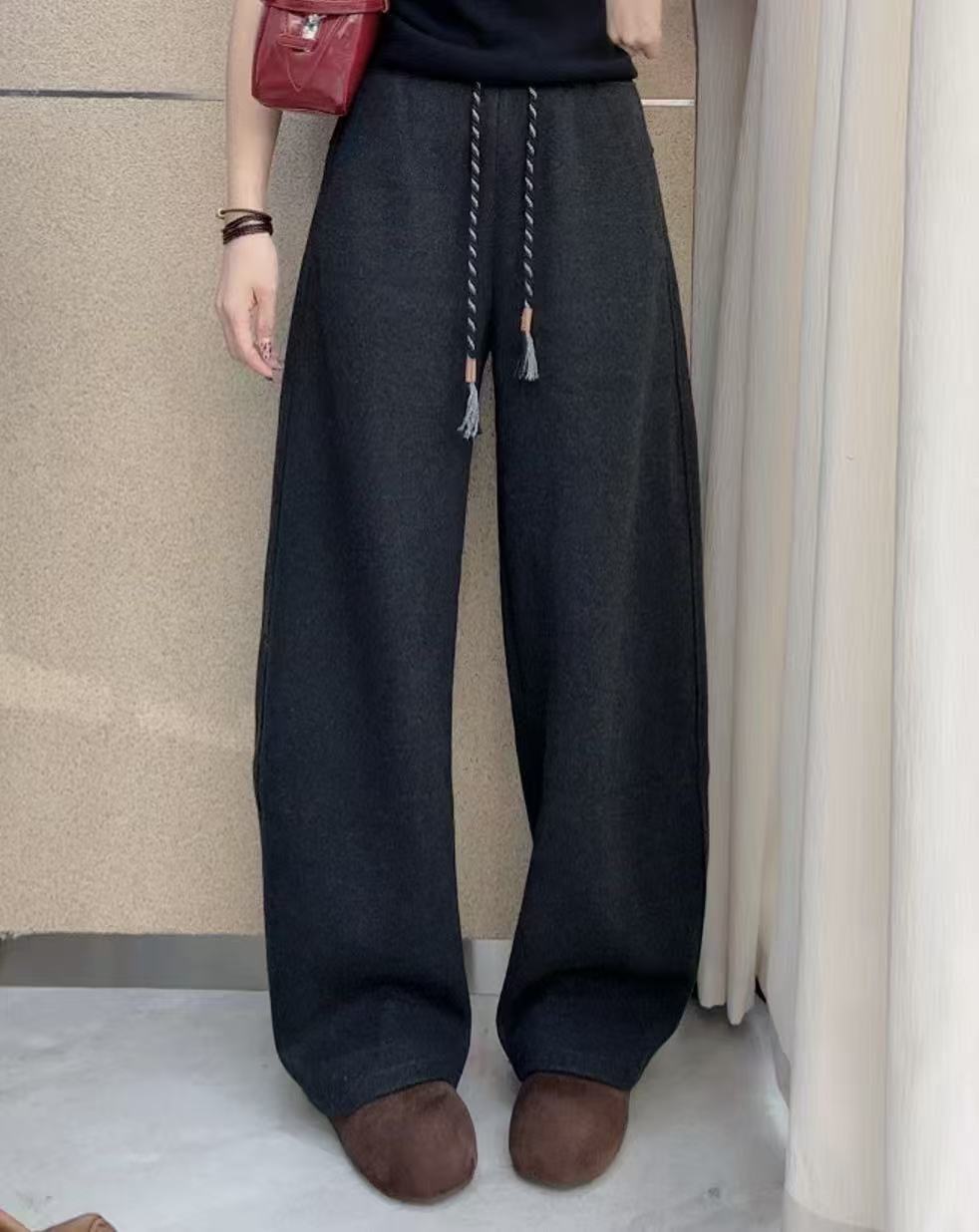 「金小姐」欧尼港风肌理感松紧腰抽绳羊毛弯刀裤～