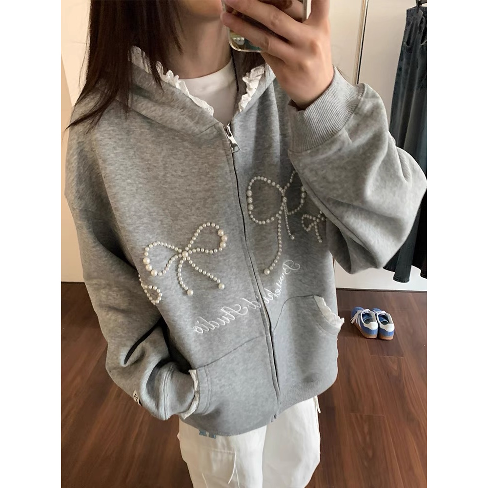 【现货】2025春韩版蝴蝶结珠子开衫花边带帽外套 D130 130 R