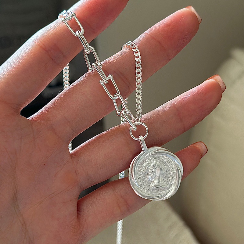 坠链均925银 韩版小众设计感复古人像项链女韩式风简约马蹄锁骨链