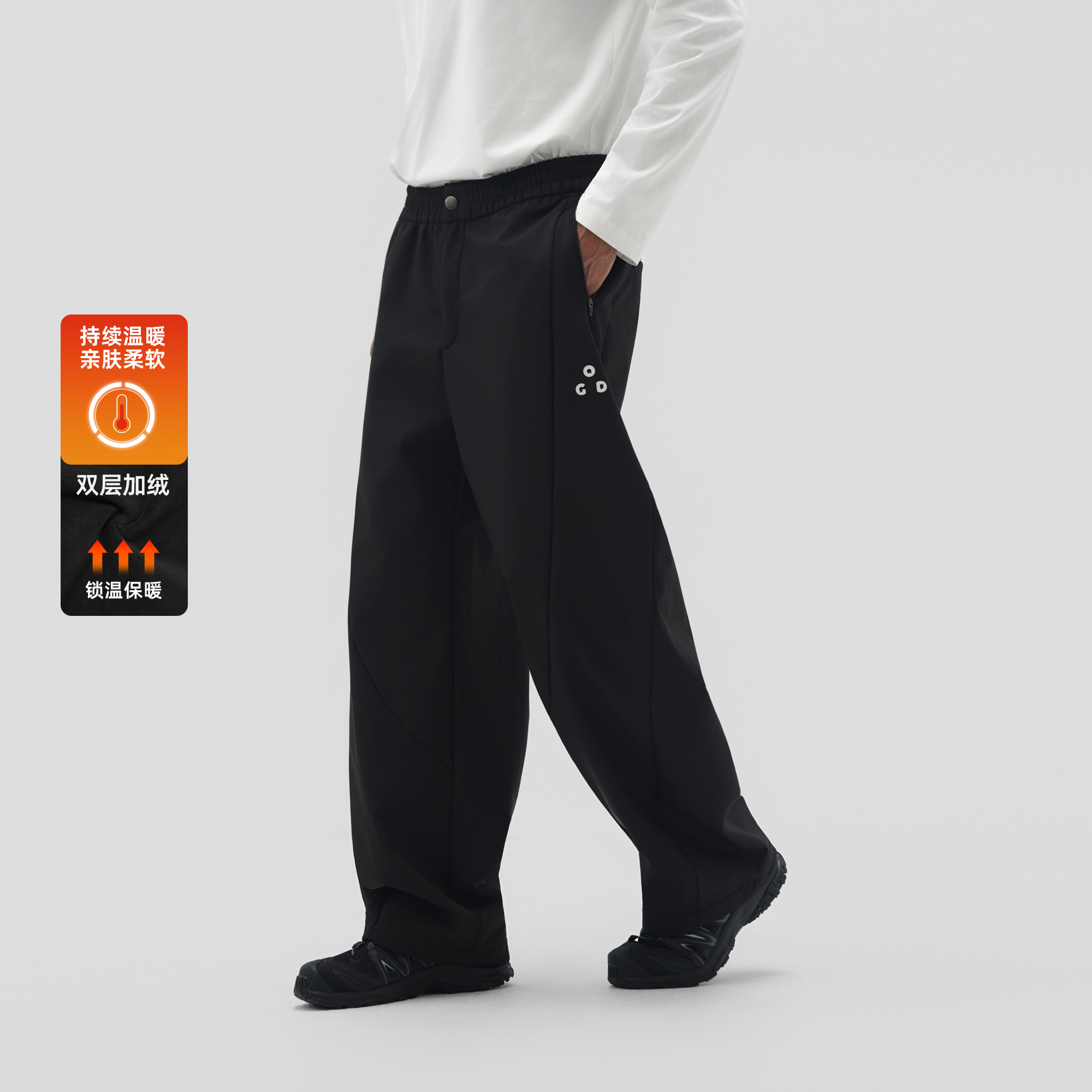 bdpowerup冬季新款加绒弯刀裤美式休闲阔腿裤男士加厚运动直筒裤