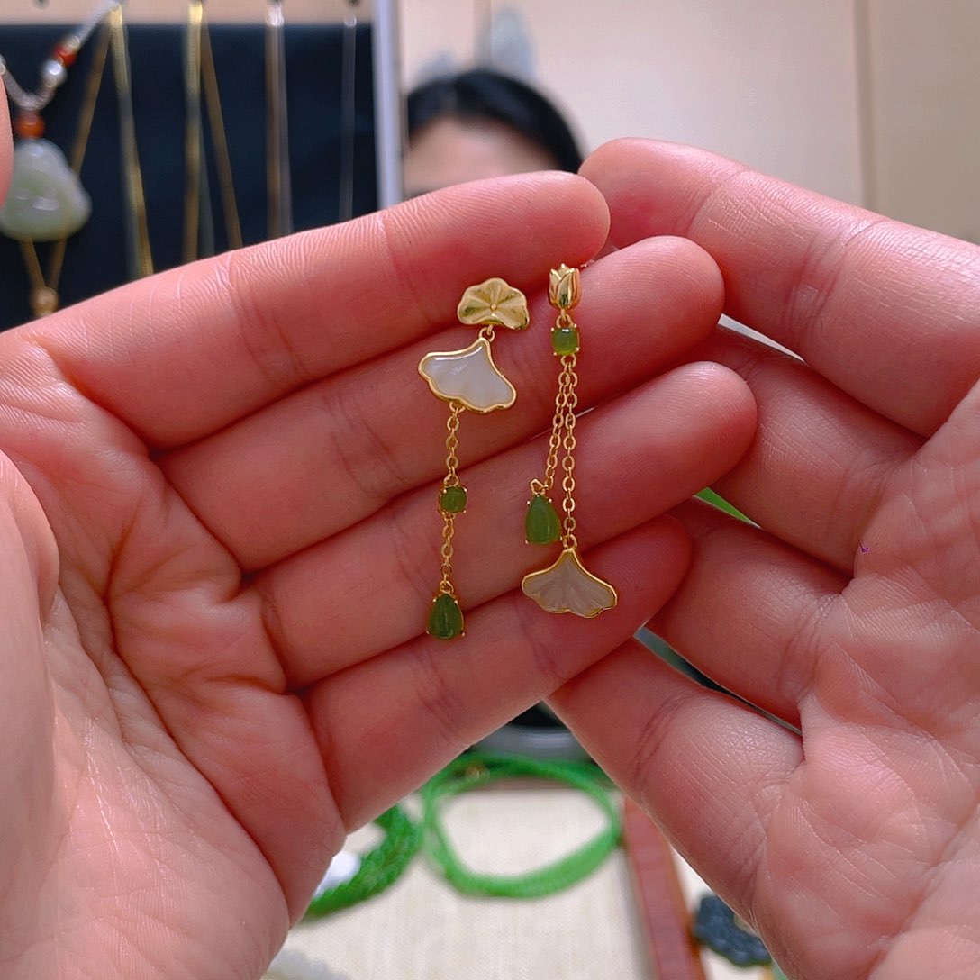 和田玉耳饰银S925镀金镶嵌