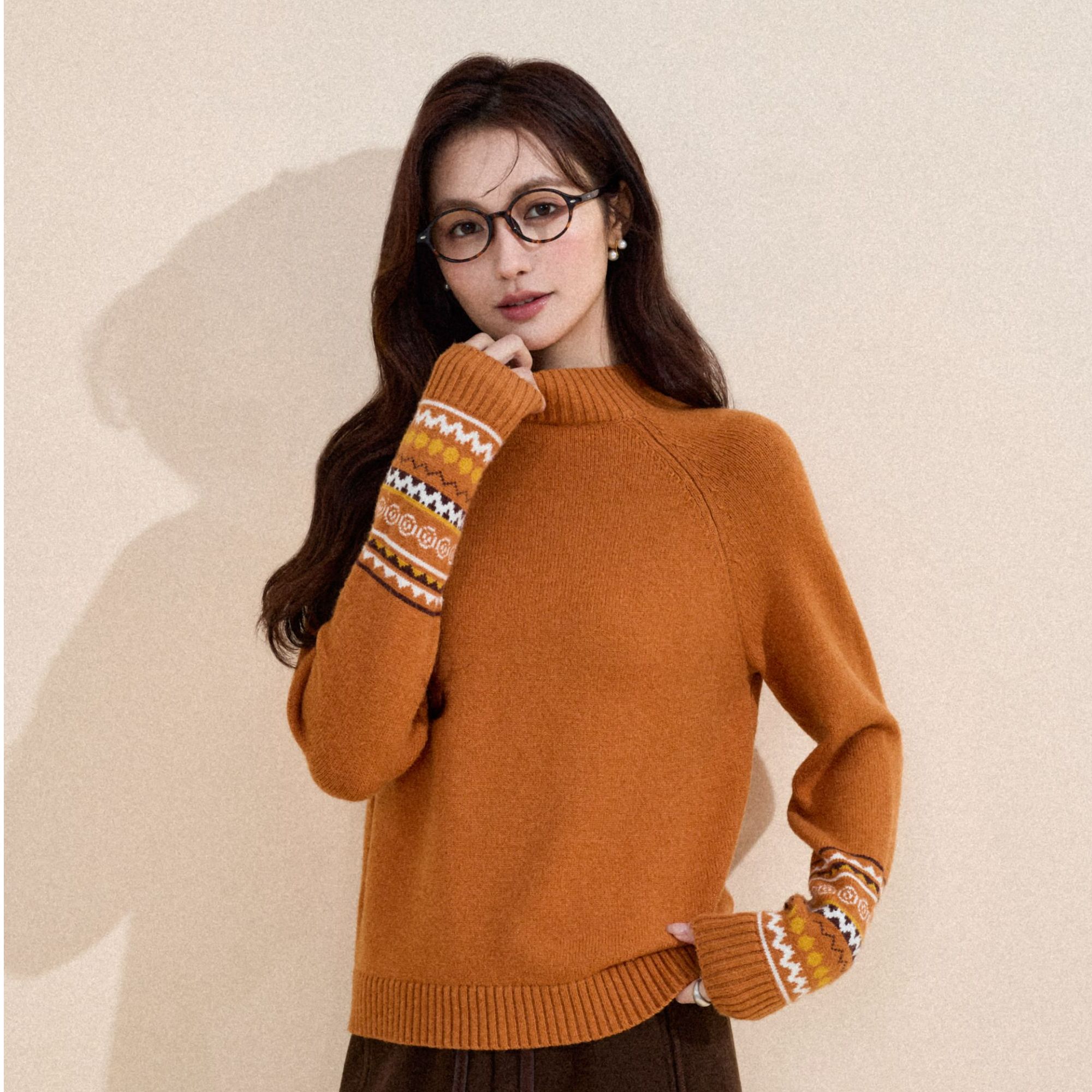 【保暖好物】茵曼提花拼色毛针织衫秋冬内搭女款爆款2025新款洋气