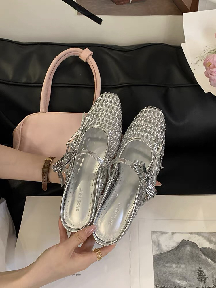 绝美款~法式蝴蝶结内增高包头镂空拖鞋女2025夏季编织罗马平底鞋