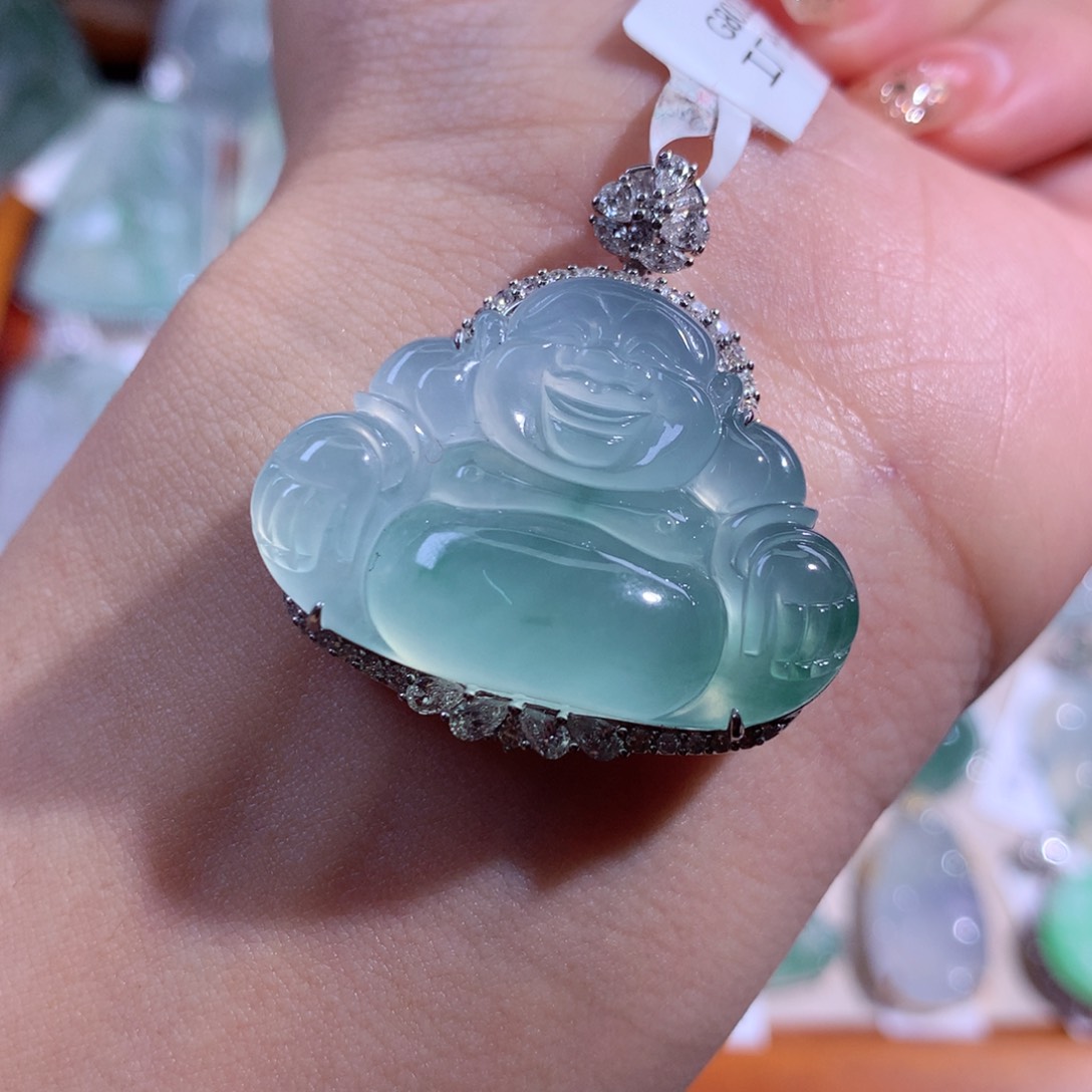 翡翠吊坠(不含链)18K金镶嵌冰佛公