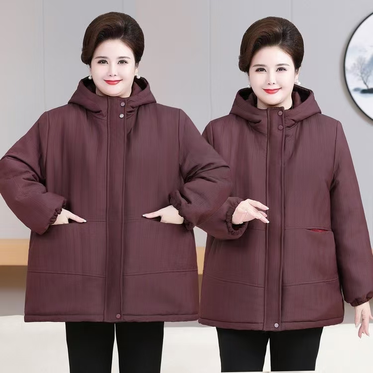 冬季大码连帽中长款保暖厚款棉衣中年时尚加绒棉服老年人大衣外套